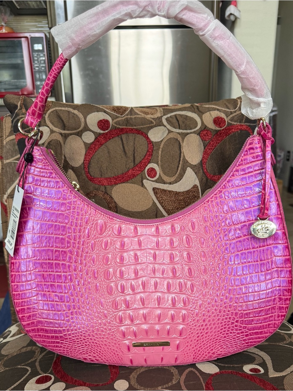 Brahmin Pink Iridescent Croc-Embossed Hobo Bag